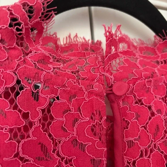 J. Crew Scalloped Lace Mockneck Top Vibrant Pink Lace Blouse Size 14 Sheer Glam - Picture 11 of 12